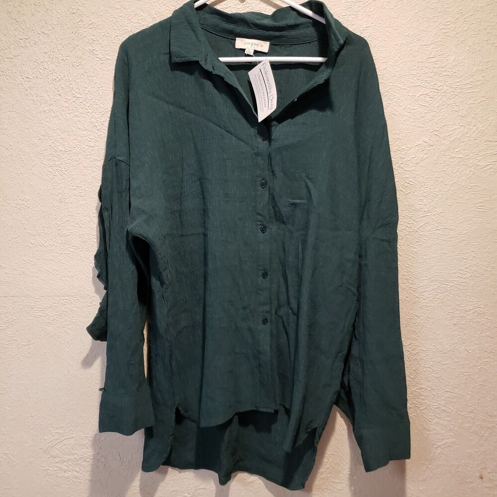 NWT Umgee Oversized Green Tunic Top Low Side Slits Boho Blouse Size XL